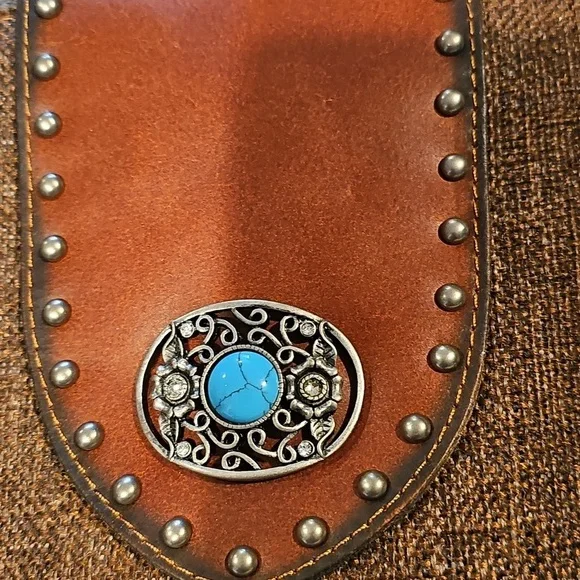 Western Brown Cowgirl Turquoise & Silver Accentsq Crossbody Canvas Tooled Han… - Picture 7 of 10